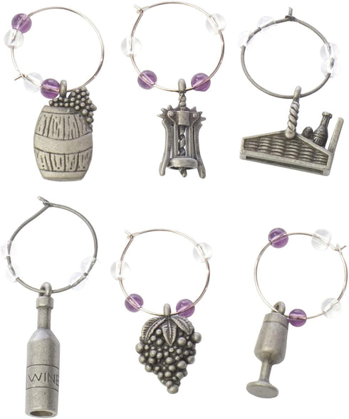 True Winery Pewter Wine Charms for Stem Glasses, Wine Glass Markers, Wine Glass Identifier Charms, Wine Charm Rings for Wine Tasting Party, Set of...