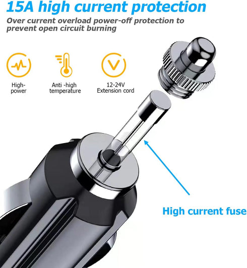 12V Fused Male Cigarette Lighter Plug, Replacement Car Adapter with Leads and LED Light, 16AWG Extension Cable with 15A Fuse, Automotive Power Sup...
