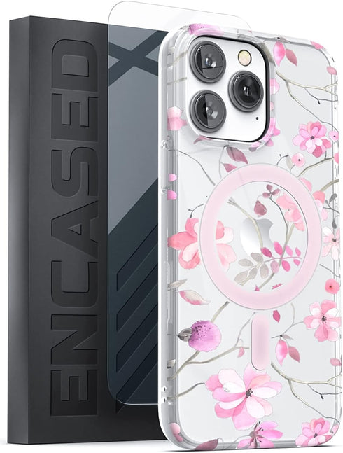 ENCASED Magnetic Case Designed for iPhone 14 PRO with Screen Protector - Compatible with MagSafe Phone Accessories (Pink Flowers)...