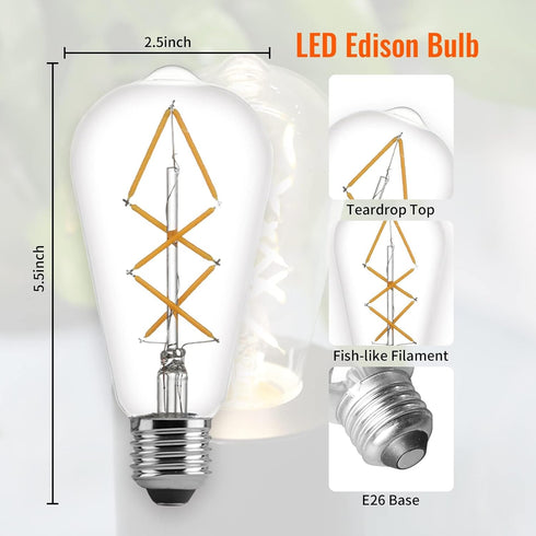 Fishbone Filament LED Edison Bulbs, ST64 E26 Dimmable Vintage Light Bulbs, 60 Watt Equivalent, 4000K Daylight White Teardrop Light Bulbs for Dinin...