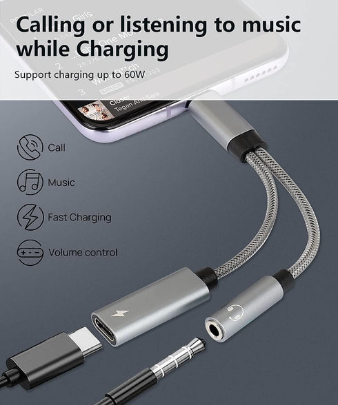 Samsung Galaxy S24 Headphone Adapter, USB C to AUX Mic Jack with PD 60W Fast Charging for Stereo, Earphones, Compatible with Samsung Galaxy S24/S2...