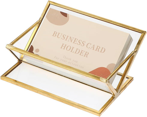 Hipiwe Glass Business Card Holder for Desk, Golden Metal Frame Business Card Display Stand for Office Reception Exhibition Meeting Desktop Organiz...