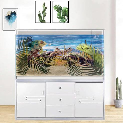 Reptile Habitat Background Rock Blue Sky Oasis Cactus Desert Terrarium Background with 10 Eva Double Sided Tape 36X18IN with 8 EVA Double-Sided Ta...