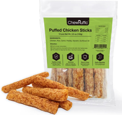 Chicken Dog Chew Sticks, Puffed Human Grade Dog Treat Sticks, Rawhide Alternative, Easy to Digest 10pcs/Pack...