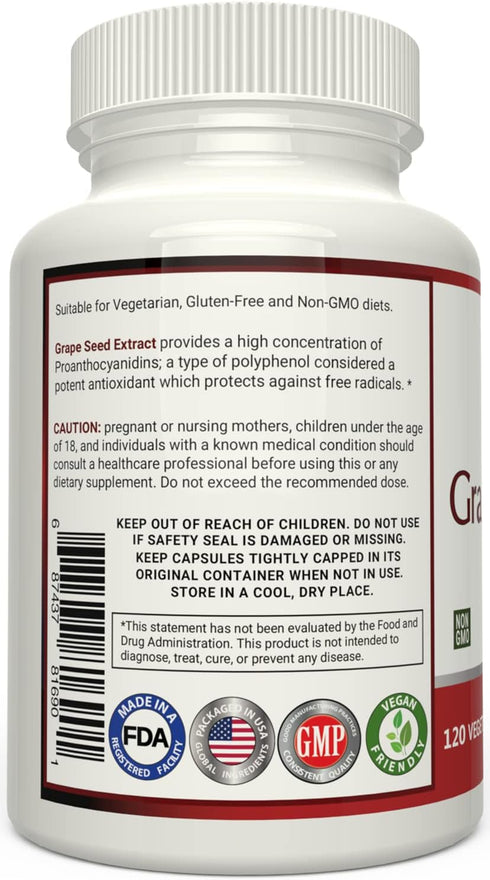 Grape Seed Extract 400mg - 120 Vegetarian Capsules with 95% Proanthocyanidins - Natural Non-GMO Antioxidant Supplement - Grapeseed Extract Capsule...