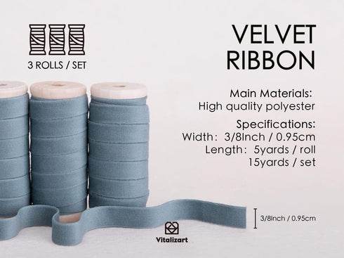 Vitalizart Dusty Blue Velvet Ribbon Set 3/8" x 15Yd Wooden Spool Fabric Trim Eco-Friendly 3 Rolls * 5Yd for Christmas Wreath Decoration Handmade C...