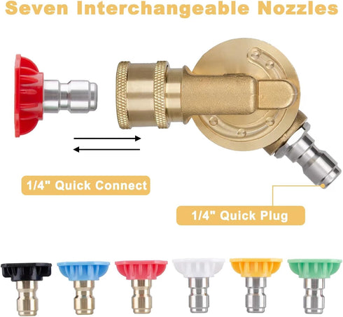 Pressure Washer Pivoting Coupler Kit - 240 Degree Rotation, Includes Gutter Cleaner Attachment, 7 Spray Nozzle Tips with Holder,1/4" Quick Connect...