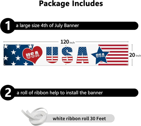 Probsin Large 4th of July Banner 120"x20" Decorations Independence Day Yard Sign Patriotic Hanging Decor American Heart Stars Party Supplies for I...
