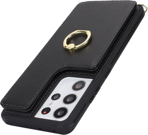 for Samsung Galaxy S21 Ultra Case with Card Holder and Strap for Women,Crossbody Lanyard,Ring Stand,Snap Clasp,Phone Wallet Cases 6.8 inch(Black)....