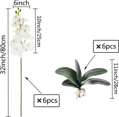 FagusHome 6 Pcs Artificial Phalaenopsis Flowers with 6 Bundles Leaves Artificial Orchid Flowers Stem Plants for Home Décor...