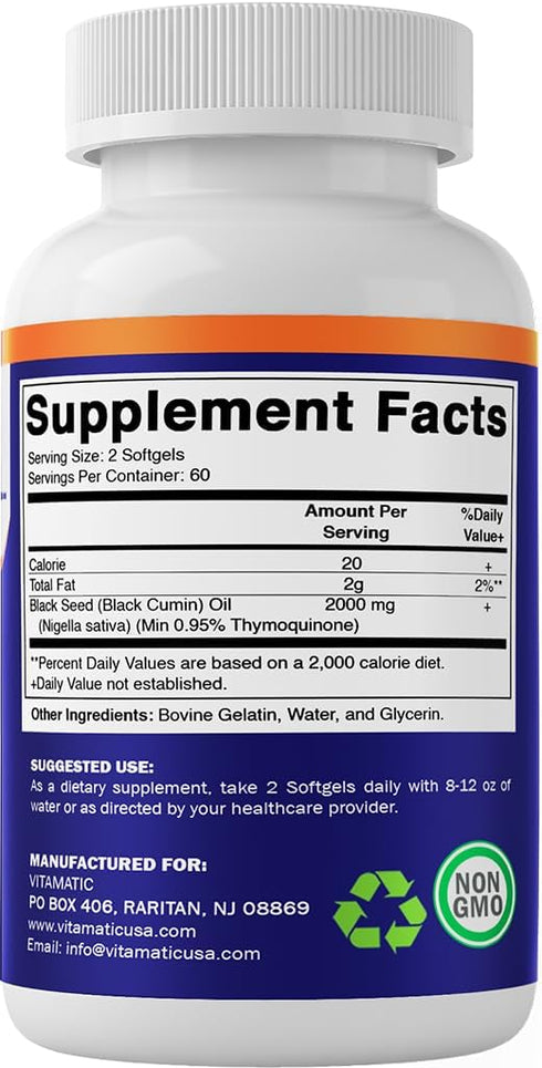 Vitamatic Black Seed Oil Capsules - 2000 mg per Serving - 120 Softgels - Colde Pressed - Contains Min 0.95% Thymoquinone - Supports Healthy Immune...