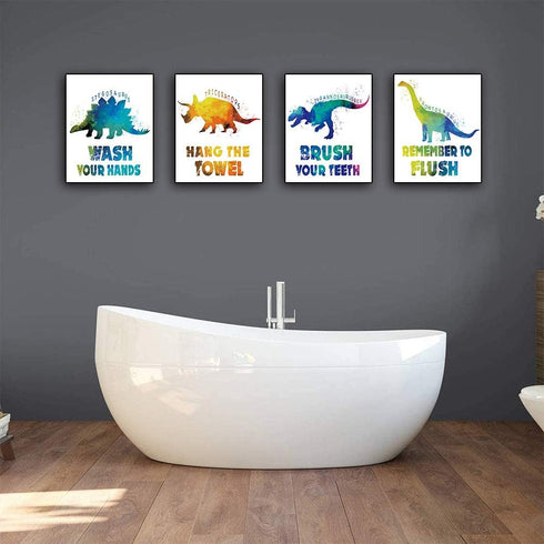 CHIEN-CHI LILI Wash Your Hands Dinosaur Bathroom Art Prints Set of 4(8”X10”), Motivational Quote Bathroom Room Decor for Kids Girls Boys Daughter ...