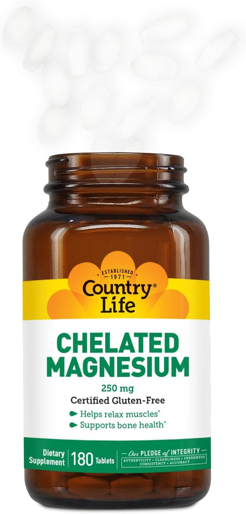 Country Life Chelated Magnesium 250mg - Supports Heart, Bone & Muscle Health, Vegan-Friendly Magnesium Supplement with Magnesium Oxide and Amino A...