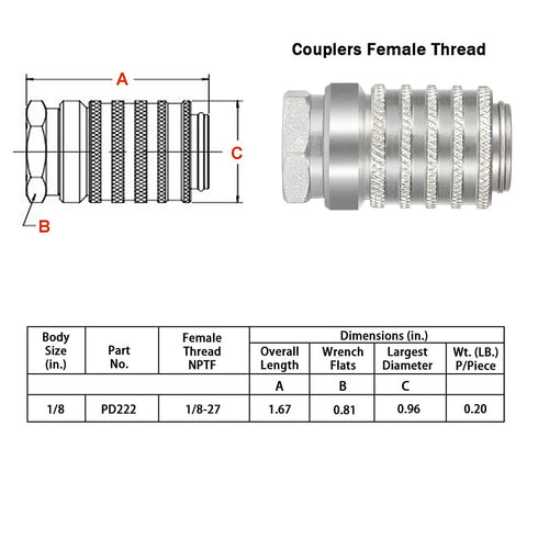 PD222 Test Port and Diagnostic Equipment Quick Couplings (SAE J1502 / ISO 15171-1), Push to Connect - PD Series Couplers,1/8" Body Size, 1/8"-27 N...