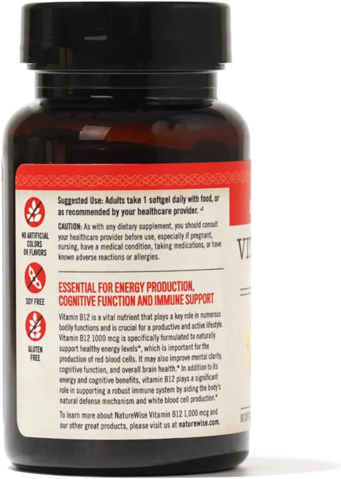 NatureWise Vitamin B12 1000 mcg - B12 Vitamin Supplement for Supporting Energy Levels, Mental Clarity, Nervous System Health - Easy-to-Swallow, Gl...