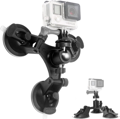 3-Cup Action Camera Suction Cup Mount Motion Camcorder Car Windshield Hood Door Trunk Lid Holder/w Ball Head Compatible with GoPro Sony DJI OSMO A...