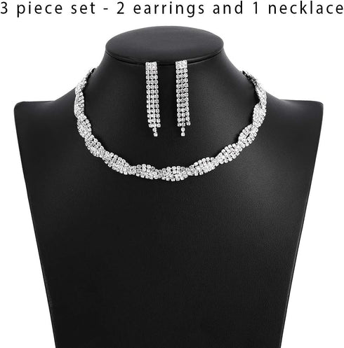Unicra Bride Silver Necklace Earrings Set Crystal Bridal Wedding Jewelry Rhinestone Bridesmaid Party Choker Drop Dangle for Women and Brides...