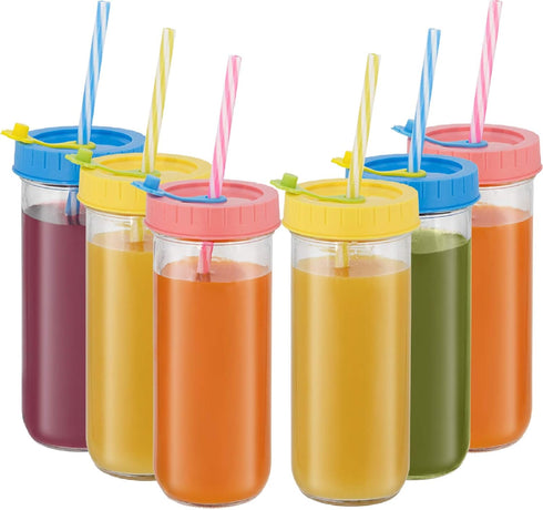 Glass Drinking Bottle Travel Drinking Jars 6 Pack, 16oz Mason Jars Regular Mouth Beverage Bottle with Airtight Lids &Straws, Reusable Water Bottle...