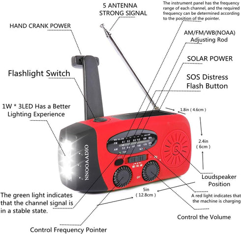 2000mAh SOS Alarm Emergency AM FM Weather Radio, 3LED Type-C Hand Crank Solar Battery Operated Portable Wind Up Radio Flashlight, Cell Phone Charg...