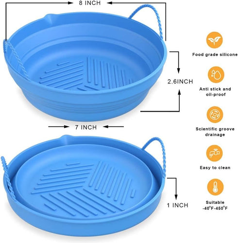 Silicon Air Fryer Liners by SOOBRO (2 pcs) - 8” Reusable Round Non-Stick Air Fryer Baking Tray - Foldable Heat Resistant and Easy to Clean Airfrye...