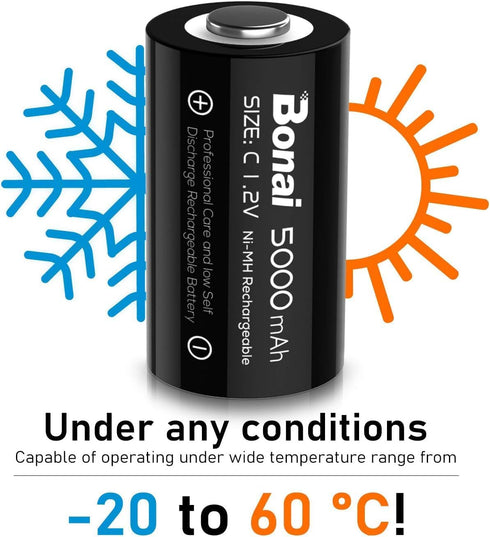BONAI Rechargeable C Batteries, C Cells 5000mAh 1.2V Ni-MH High Capacity C Size Battery (4 Pack)...