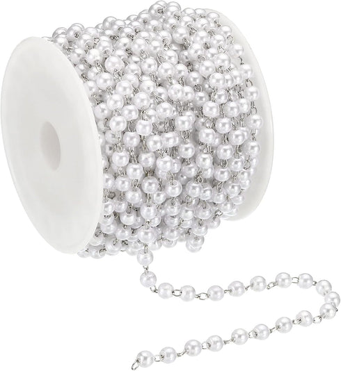 PATIKIL 5m/16 Feet Faux Pearl Beading Chain with Spool, 4mm Brass Chain Link for Jewelry Making DIY Necklace Bracelet Accessories Style 1, Silver...