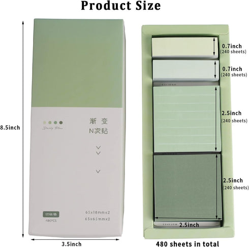 Green Lined Sticky Notes Set, 240 Sheets Pastel Sticky Note Pads, Self-Stick Index Tabs Cute Memo Notepads for School, Office and Home...