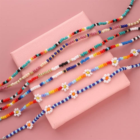 3 PCS Bead Flower Chain Anklet Bracelet Set for Women Resin Cute Daisy Ball Bead Seeds Fashion Colorful Handmade Adjustable Layered Chains Nickel ...