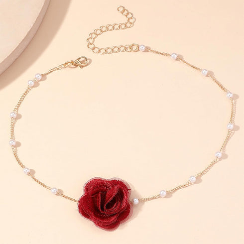 Rose Flower Choker Necklace Vintage Pearl Choker Necklace for Women Floral Choker Rose Choker Bride Wedding Party Summer Necklace (Red)...