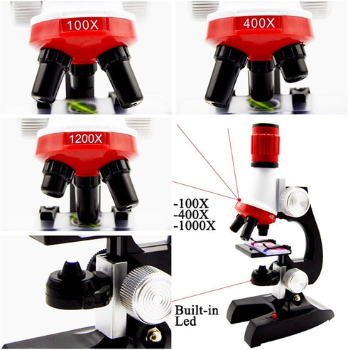 Kid Microscope Science Kits, 100X 400X 1200X Trinocular Magnification Beginner Toy Home School Educational Biological Hand Held Camera Compound Sc...