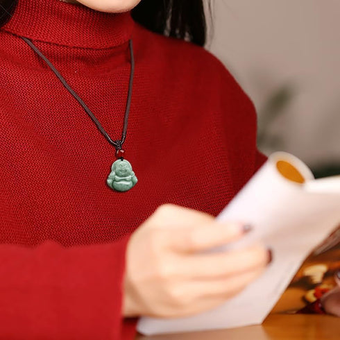 Gixaxak Laughing Buddha Pendant Necklace Green Jade Smiling Laughing Buddha Necklace Gemstone Lucky Amulet Jewelry for Women Men Natural Jade Budd...