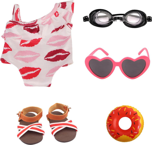 18 Inch Doll Swim Accessories Set, Passionate Doll Beach Sunbathing Playset for American doll Girls, includes Doll Bikini Swimsuits, Heart-shaped ...
