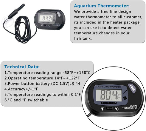 100W Submersible Aquarium Heater, Adjustable Fish Tank Heater, Suction Cups and Free Thermometer Suitable for Marine Saltwater and Freshwater...