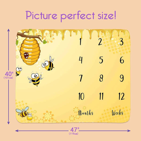 Baby Age Milestone Blanket, Bee Honeycomb Blanket for Nursery, Baby 1-12 Months Growth Chart, includes 4 Frame and 1 Headband 47"x40" BTQQPH33...
