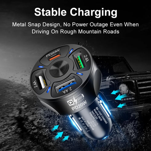 4 Port USB Fast Charging Cigarette Light Car Charger 3 * 2.4 A USB/ 1 PD20W LED Light Compatible with Tablets Cameras iPhone 14 13 12 11 Pro Max X...