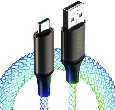 IHAO RGB USB A to Type C Fast Charging Cable Phone Charger High Data Speed Light Up Colourful RGB Current Flowing for All USB C Device-39 Inches...