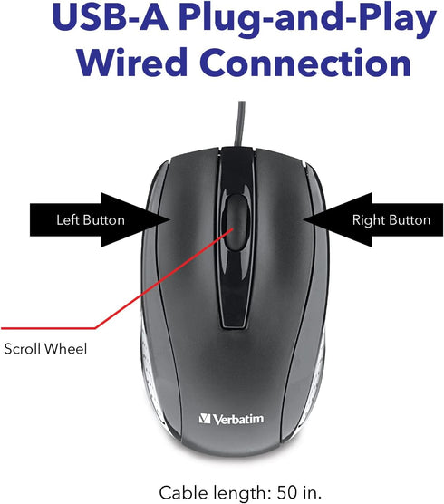 Verbatim Wired USB Computer Mouse - Corded USB Mouse for Laptops and PCs - Right or Left Hand Use, Black 98106,Glossy Black, 1.2" x 2.3" x 3.8"...