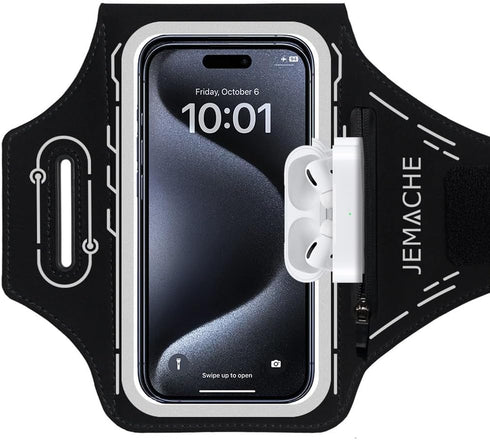 iPhone 16 15 Pro Max & Plus Armband, JEMACHE Gym Workouts Running Phone Arm Band for iPhone 16 15 14 13 12 11 Pro Max/Plus with Airpods Holder (Bl...