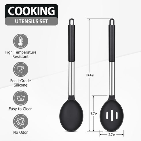 Pack of 2 Large Silicone Cooking Spoons, Non-Stick Stainless Steel Slotted and Solid Spoon Set for Serving, Mixing, Draining, Heat Resistant, Scra...
