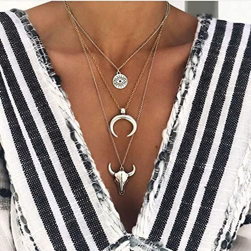 Caiyao Boho Women's Layered Necklace Cowboy Cowgirls Western Women's Chain Necklace Evil Eye Bull Head Necklace Women's Silver Cresent Moon Pendan...