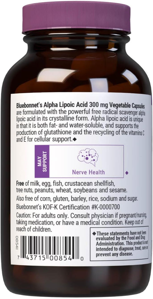BlueBonnet Alpha Lipoic Acid 300mg - Powerful Antioxidant Nerve Support Supplement for Women & Men - Non-GMO, Vegan, Kosher - Gluten-Free, Soy-Fre...