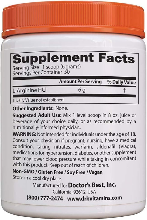 Doctor's Best L-arginine HCL Powder, non-gmo, vegan, Gluten Free, Soy Free, Helps Promote Muscle Growth, 300g...
