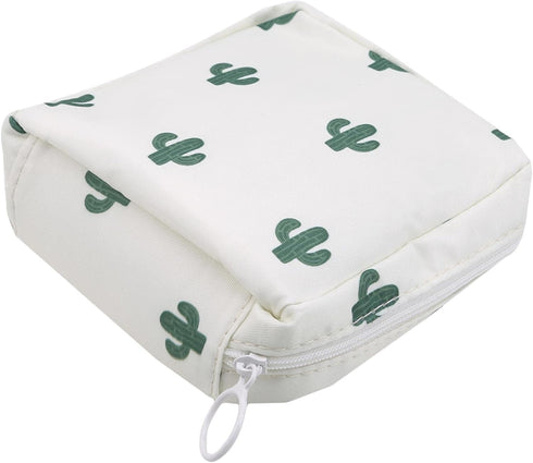 White Sanitary Napkin Storage Bag with Colorful Print Design Portable Zipper Menstrual Pad Bag Sanitary Napkins for Women Ladies,Cactus Bag with A...
