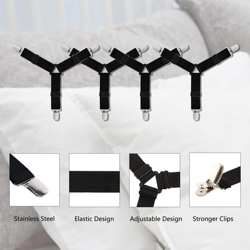 Bed Sheet Straps, 4 Pcs Adjustable Elastic Sheet Fasteners Fitted Sheet Straps Triangle Suspenders Gripper Bed Sheet Holders Sheet Clips for Bed S...