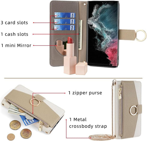Asuwish Phone Case for Samsung Galaxy S22 Ultra 5G Wallet Cover with Screen Protector and Mirror Flip Cover Ring Credit Card Holder Crossbody Stra...