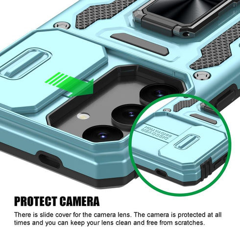 for Samsung Galaxy S24 Case, Shockproof Phone Case with Sliding Camera Cover & Rotatable Ring Holder Kickstand + Tempered Glass Screen Protector f...