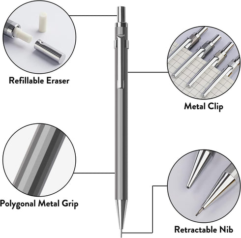 Four Candies 0.5mm Mechanical Pencil Set with Case - 4PCS Metal Mechanical Pencils, 8 Tubes HB #2 Lead Refills, 3PCS 4B Erasers and 9PCS Eraser Re...