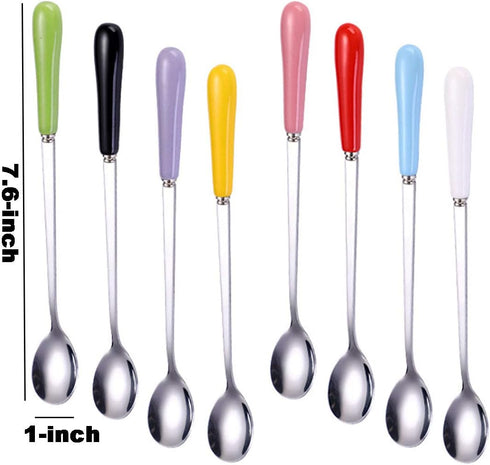 Mixing Spoons Set of 8, Stainless Steel Iced Teaspoons with Ceramic Handle 7.6-Inch Long Soup Tablespoons Espresso Coffee Spoons Candy-Colored, Mi...