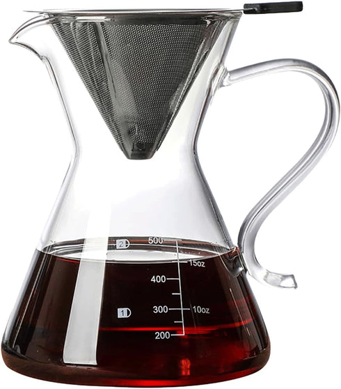 Pour Over Coffee Maker - Elegant Drip Coffee Maker with Reusable Stainless Steel Filter/Dripper, Lead-Free Borosilicate Glass Coffee Carafe for 1-...