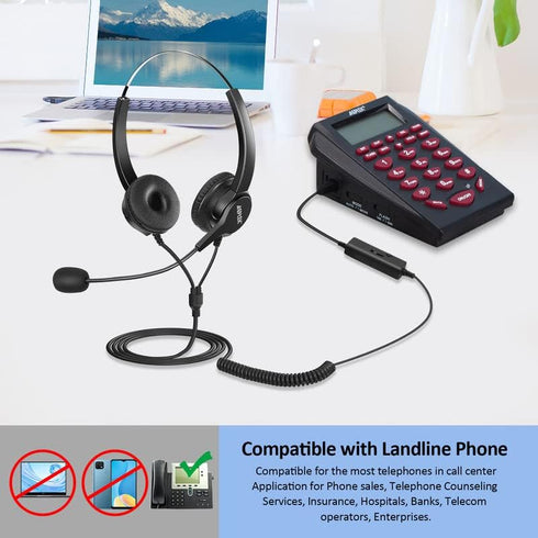 AGPTEK Hands-Free Call Center Noise Cancelling Corded Binaural Headset Headphone with 4-Pin RJ9 Crystal Head and Mic Microphone for Desk Phone - T...